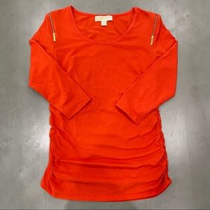 Michael Kors Orange 3/4 Sleeve Ruched Top with Gold Zipper Accent on Shoulders